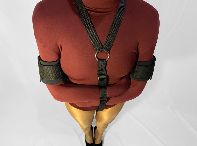 Self Bondage Straitjacket Leotard with Bondage Straps, Padded Biceps (Nylon/Spandex) - Bondage Webbing